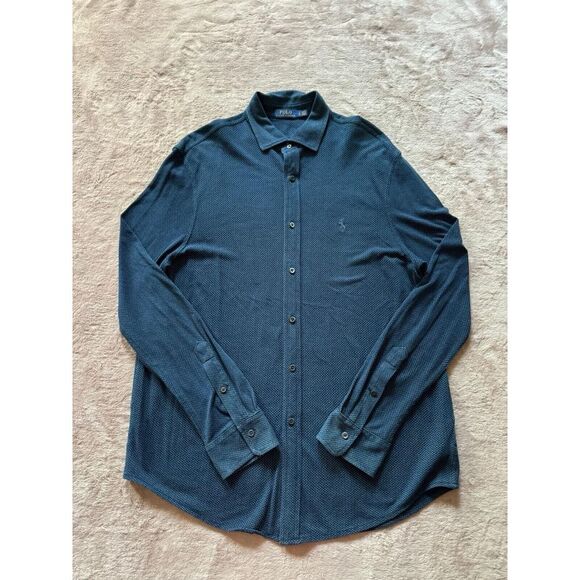 Polo Ralph Lauren Men's Navy Blue Polka Dot Stretch Button‎ Shirt Size Large - Picture 1 of 9